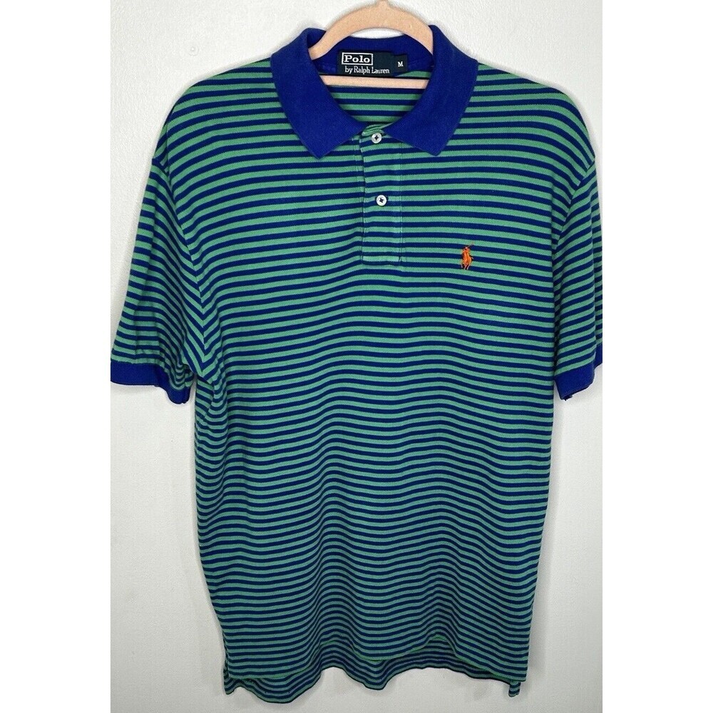 Polo Ralph Lauren Polo Shirt Men M Green Blue Striped Collared Short Sleeve